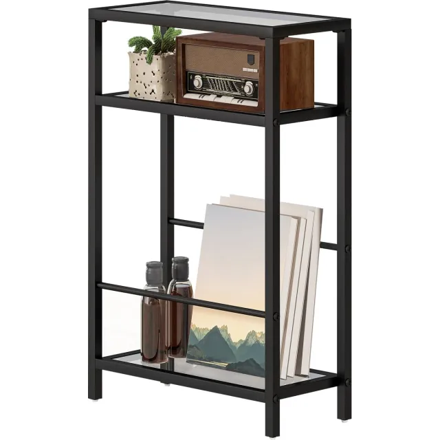 Homona Bijzettafel met 3 glazen planken - Smalle sidetable of nachtkastje - Stalen frame - 40 x 18 x 62 cm - Zwart