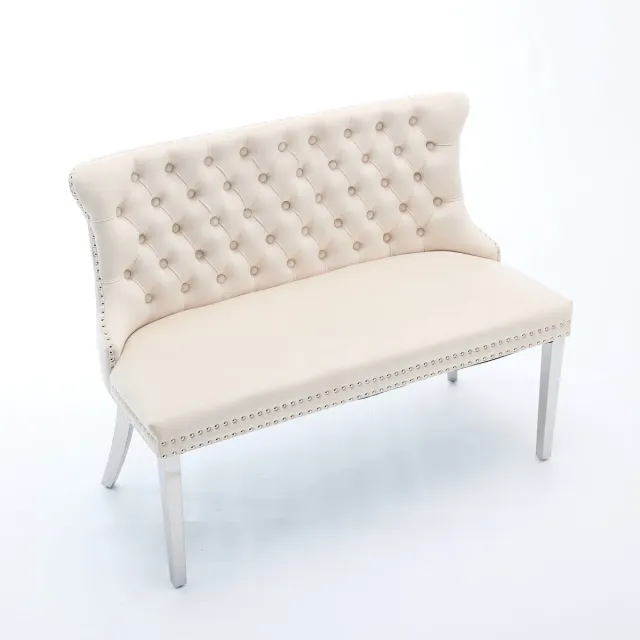 Merax Eetkamerbank 2-Zits - Fluwelen Zitbank met Rugleuning - Gestoffeerde Bank met Knopen en RVS Poten - Moderne Eetkamerbank Beige