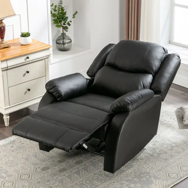 REDOM Relaxfauteuil - Handmatig verstelbaar - Met voetensteun en zijvak - Hoge rugleuning - Woonkamer - Kunstleer en metaal - Zwart - 80 x 90 x 100 cm
