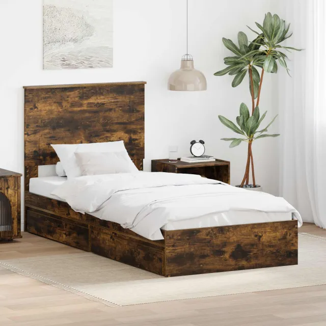vidaXL Opslag bed Gerookt eiken 90 x 190 cm Bewerkt hout Bruin