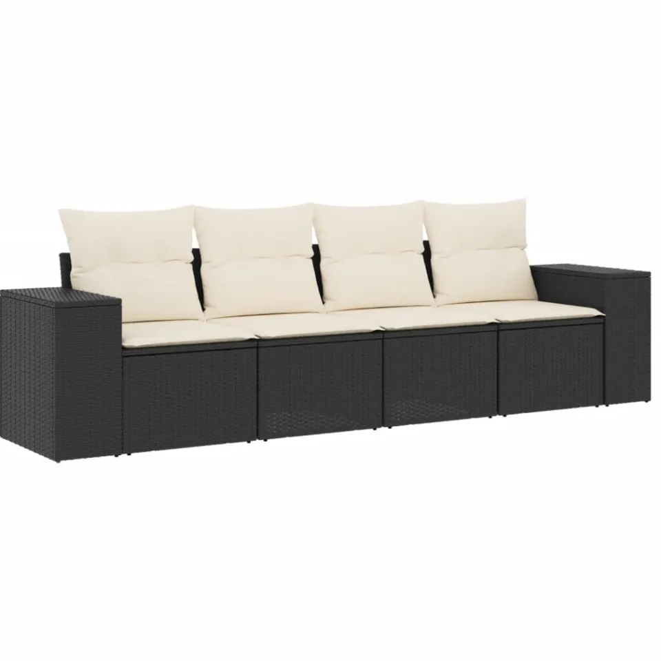 vidaXL 4-delige Loungeset met kussens poly rattan zwart