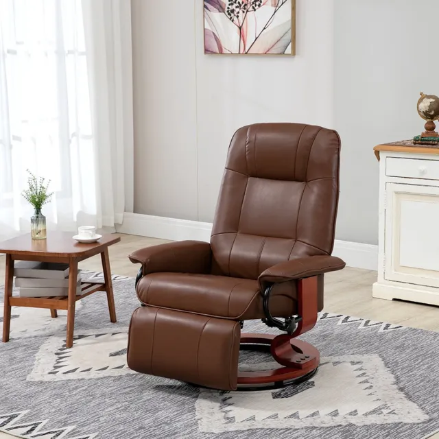 OKWISH Relaxfauteuil Draaibaar Met 145 Graden Verstelbare Rugleuning En Handmatige Voetsteun Voor Woonkamer En Slaapkamer Kunstleer Bruin Brown