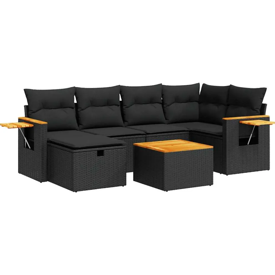 vidaXL 7-delige Loungeset met kussens poly rattan zwart, foto 3