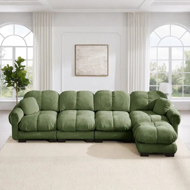 MIVRAY Hoekbank 4-Zits - L-Vormig Modulair Met Verplaatsbare Ottomane En Gestikt Design - Voor Woonkamer - Chenille Groen