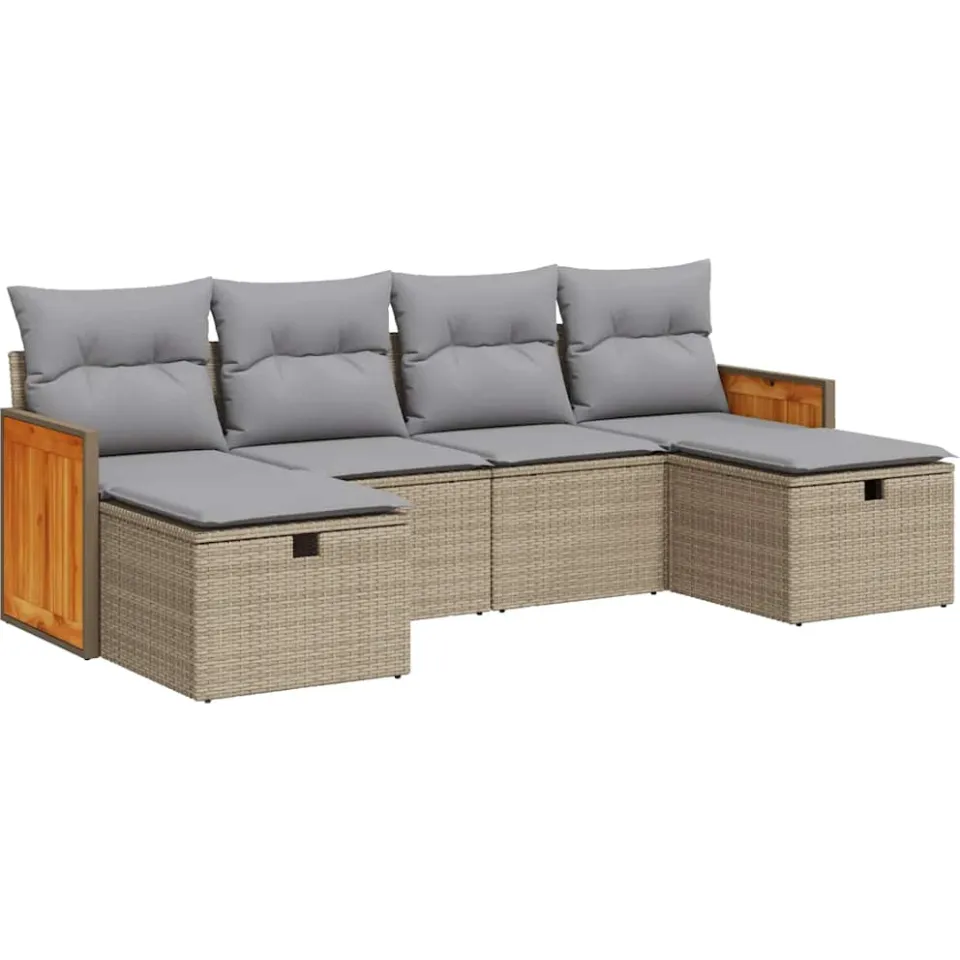 vidaXL 6-delige Loungeset met kussens poly rattan beige, foto 3