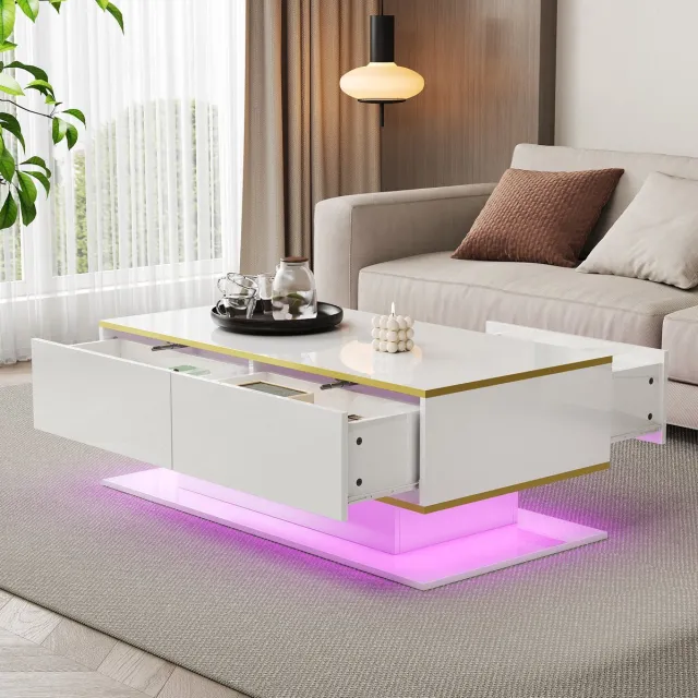 MEUNIQ Salontafel 100 x 50 x 40 cm met 3 lades, open vak, dimbare USB-ledstrip en gedeeltelijk hoogglans afwerking voor woonkamer, wit en goud