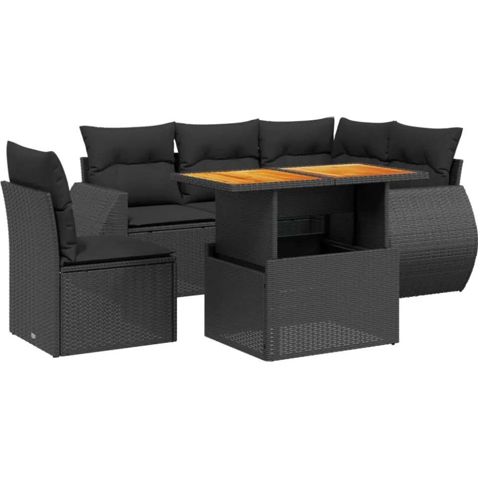 vidaXL 6-delige Loungeset met kussens poly rattan zwart, foto 3