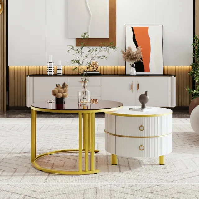 Clruro Salontafelset 70/50 cm - 2 Laden en Gehard Glas - Rond Nestbaar Ontwerp - MDF Glas - Wit Bruin