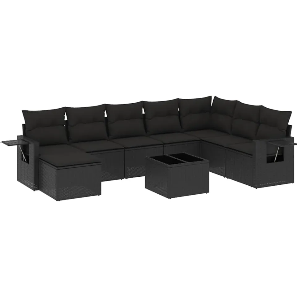 vidaXL 9-delige Loungeset met kussens poly rattan zwart, foto 3
