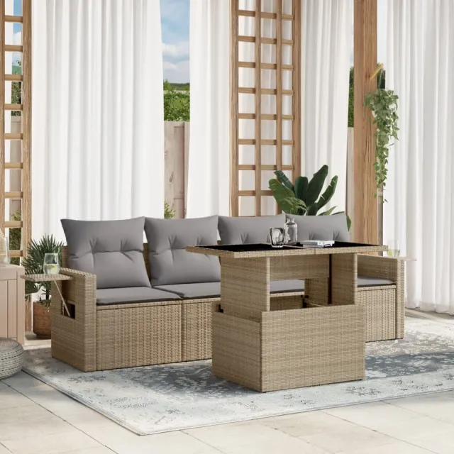 vidaXL 5-delige Loungeset met kussens poly rattan beige, foto 2