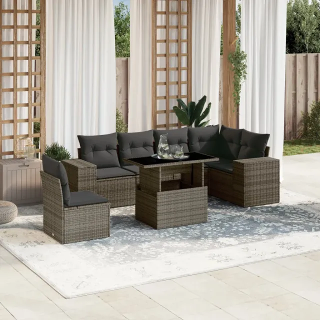 vidaXL 7-delige Loungeset met kussens poly rattan grijs, foto 2