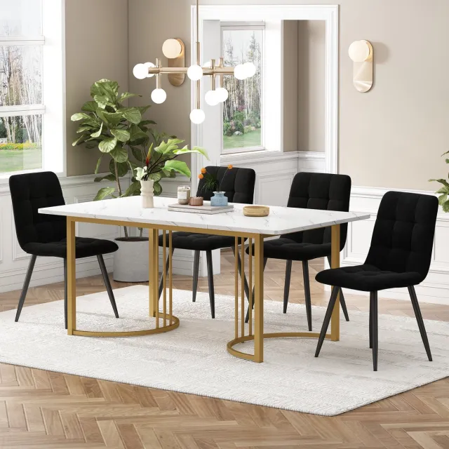 MODENUIT Eetkamerset 140x80 cm - Tafel En 4 Stoelen - Stelpoten - Keuken En Eetkamer - MDF Fluweel - Wit Zwart