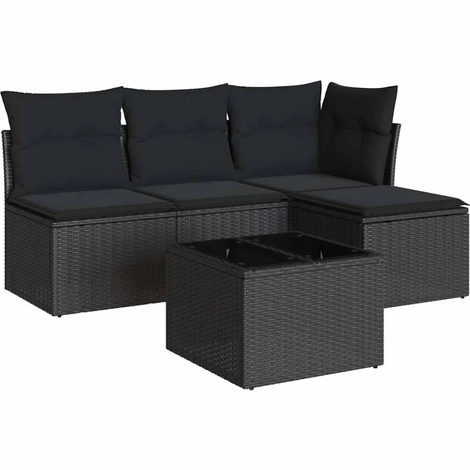 vidaXL 5-delige Loungeset met kussens poly rattan zwart, foto 3