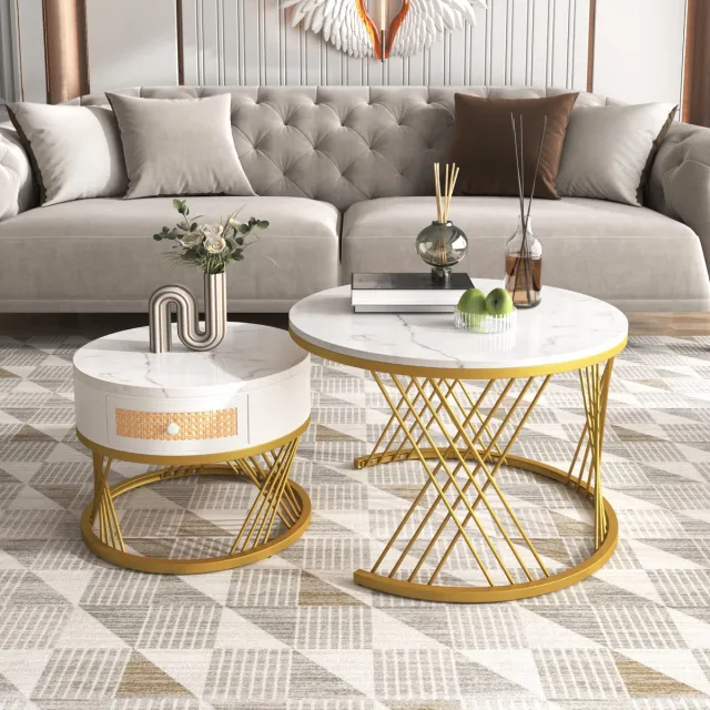 Clruro Salontafel Set - 70x70 + 50x50 cm - 2-in-1 Rond Marmerlook - met Rattan en Goud - MDF - Goud