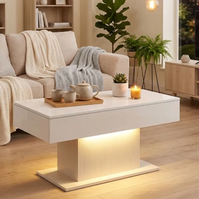MEUNIQ LED salontafel 108 x 48 x 55 cm met 2 lades, hoogglans wit, RGB verlichting met afstandsbediening en USB, rechthoekige koffietafel voor woonkamer