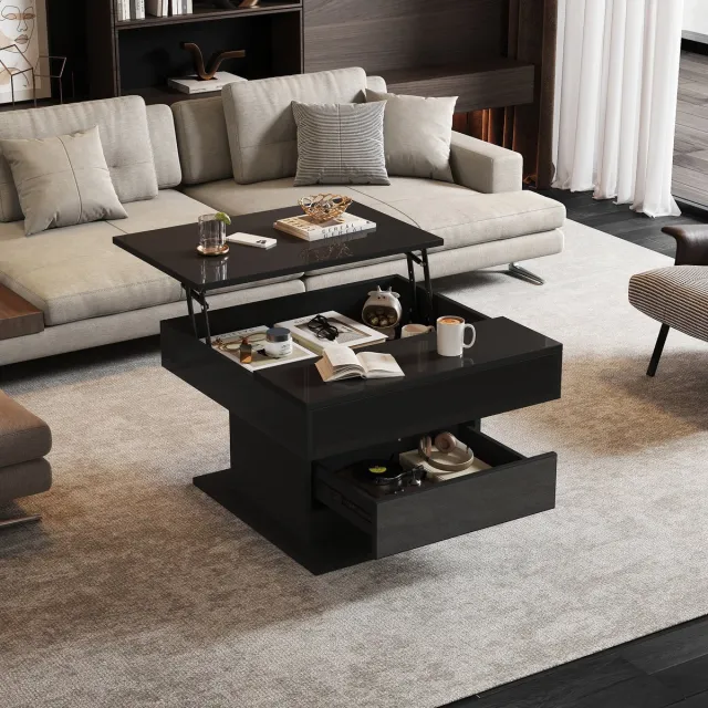 MODENUIT Salontafel - Draaibaar En Hefbaar Tafelblad Met Lade - Voor Woonkamer - Spaanplaat Zwart - 70x70x45 Cm