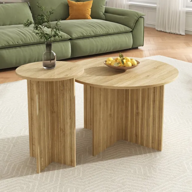 COVREO Salontafel 2-delige set 76 x 76 x 56,5 cm - rond, nesting, houtkleur Naturel