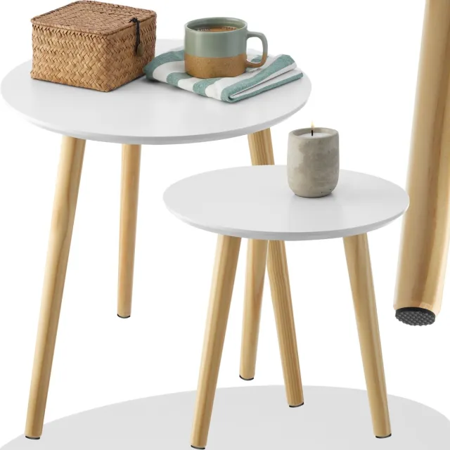 Tectake Set van 2 Bijzettafels Skaland - 2-Delige Bijzettafel met Houten Poten - Ø46 x 50,5 en Ø36 x 35,5 cm - Salontafel in Scandinavische Stijl - Tafeltje voor Woonkamer, Slaapkamer - Bloemenkrukje wit