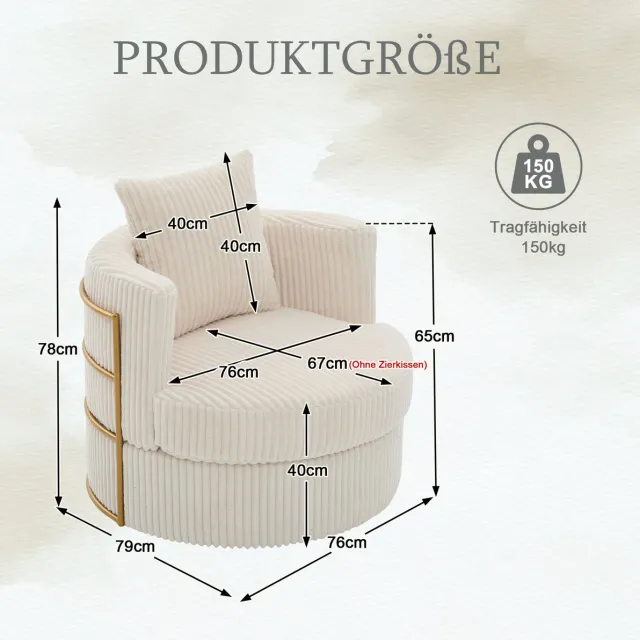 MODENUIT Fauteuil 79 x 76 x 78 cm - Draaibaar Met Opbergruimte - Woonkamer En Slaapkamer - Ribstof Beige
