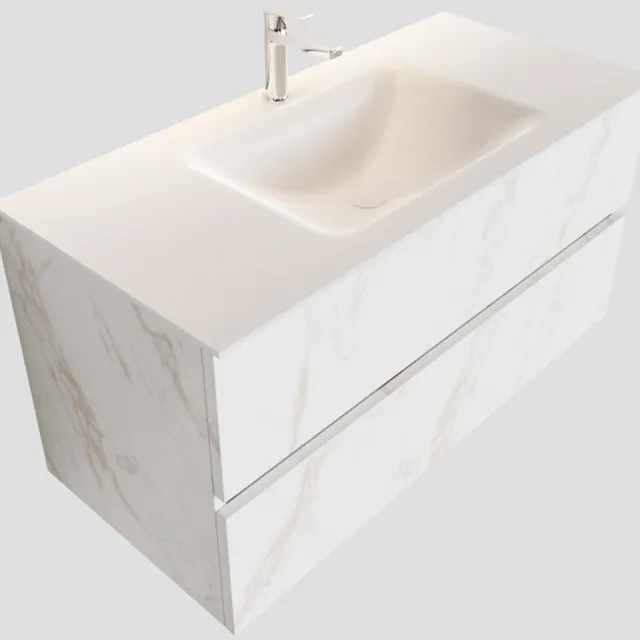 Boss & Wessing Badkamermeubel BWS Valencia Carrara Mat 100 cm Solid Surface Wastafel (1 kraangat, 2 lades)