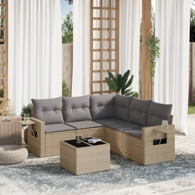vidaXL 6-delige Loungeset met kussens poly rattan beige, foto 2