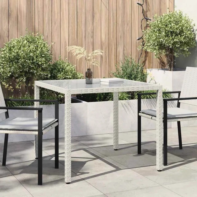 vidaXL Tuintafel 90x90x75 cm gehard glas en poly rattan wit, foto 2