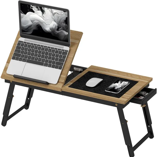 ECTEATOY Verstelbare Laptoptafel voor op Bed en Bank - Opvouwbaar Schootbureau met Kantelbaar Blad & Lade - 83x33 cm - Eiken