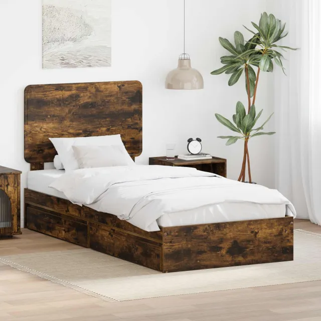 vidaXL Opslag bed met lade Gerookt eiken 90 x 200 cm Bewerkt hout Bruin
