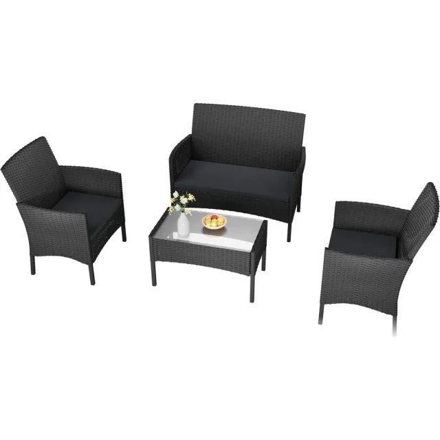 Aufun Poly Rattan Lounge Sofa Tuinmeubelset, Polyrattan Tuin Lounge Sofa Set Hoekbank met Zitkussens Elements 2 Stoelen, 1 Tweezitsbank, Salontafel met Glazen Blad (Wit Glas) Zwart