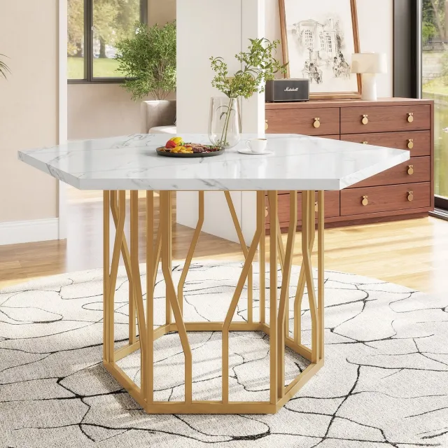 Sweiko Eettafel - Zeshoekig - Marmerlook - Metalen poten - Wit + Goud