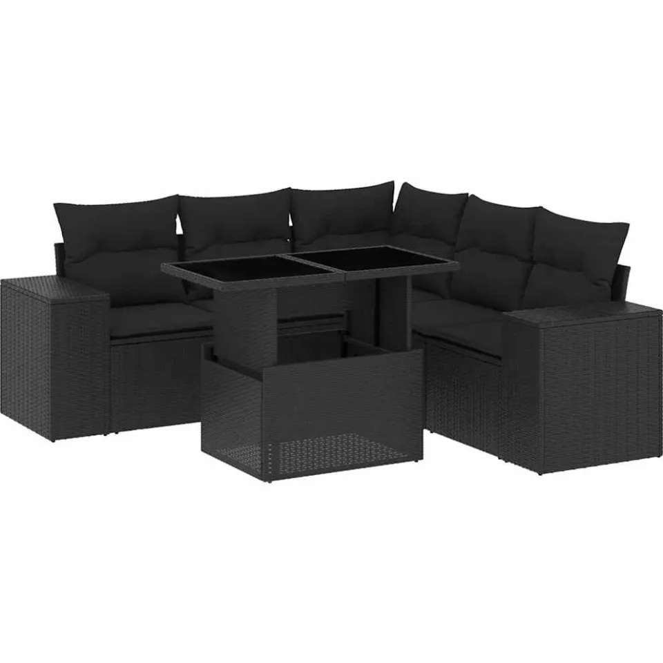 vidaXL 6-delige Loungeset met kussens poly rattan zwart, foto 3