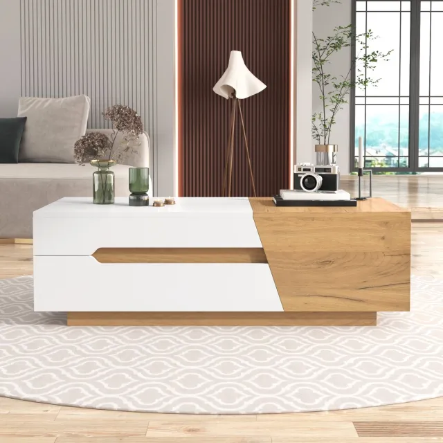 MODFU Uitbreidbare salontafel met lades, bijzettafel met kleurblokstructuur – Moderne woonkamer tafel Natuurlijk+Wit