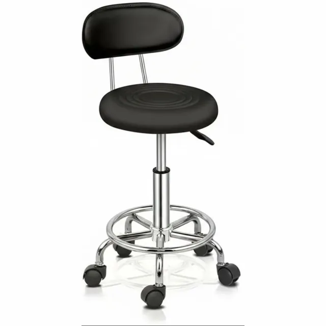 Livin24 Professionele Salon Kruk Zwart met Rugleuning – In Hoogte Verstelbare Werkkruk (48–58 cm) – 360° Draaibaar – PU Zitvlak met Wielen – Voor Beauty, Massage & Nagelstudio