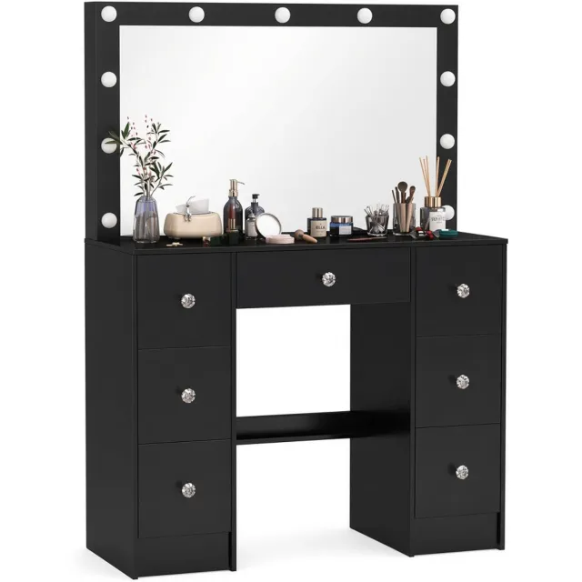 Atlasyx tafel - Make up - Kaptafel - Met spiegel en verlichting - Makeuptafel - Bureau - 6 Laden - 100 x 40 x 140 cm - Zwart