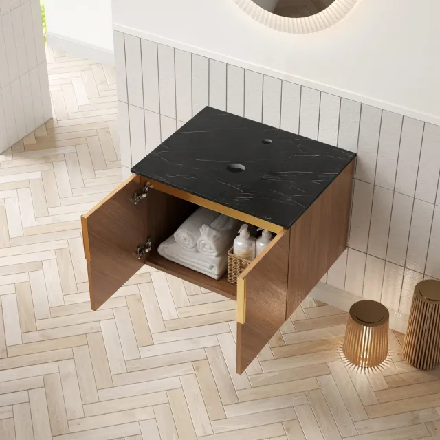 REDOM Badkamerkast - Zwart gesinterd stenen blad - Dubbele deuren - Water- en vochtbestendig - Multiplex - Bruin - 61 x 50 x 40 cm Eiken