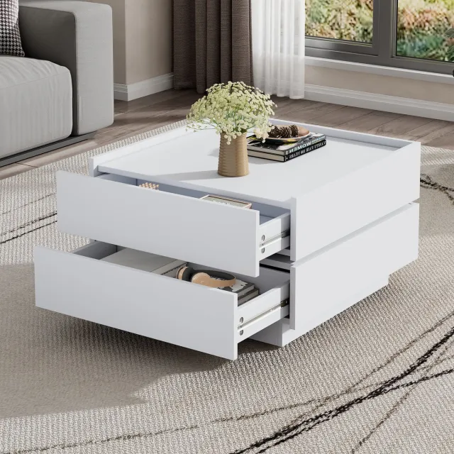 FloraGrace Salontafel - 360 Graden Draaibaar Met 2 Lades En Opbergruimte - Voor Woonkamer Of Lounge - Spaanplaat - 60x60x38 Cm - Wit
