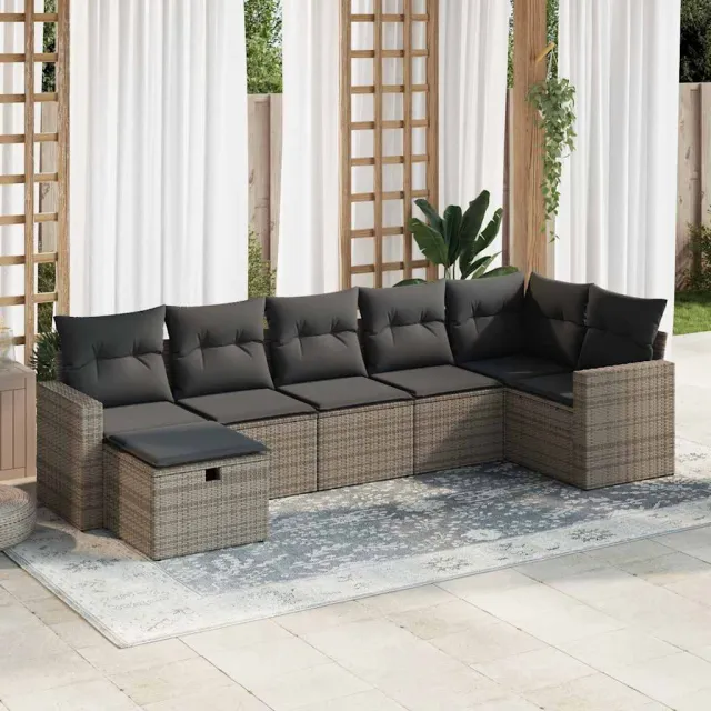 vidaXL 7-delige Loungeset met kussens poly rattan grijs, foto 2
