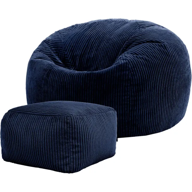 Icon Kingston Zitzak Fauteuil met Poef - Ribfluweel - Marineblauw
