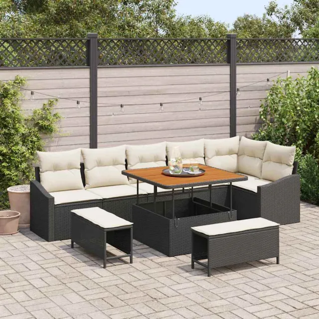 vidaXL Tuinbankenset 9 st Zwart poly rattan, foto 2