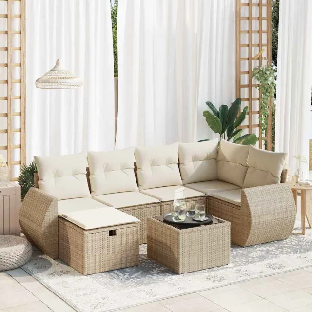 vidaXL 7-delige Loungeset met kussens poly rattan beige, foto 2
