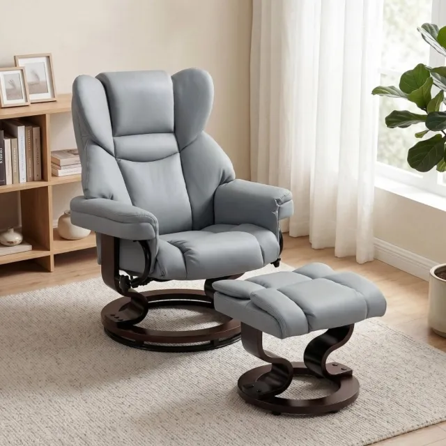OKWISH Relaxfauteuil Met Voetsteun - Draaibaar 360 Graden En Verstelbare Rugleuning Tot 145 Graden - Lichtgrijs - Hout - Kunstleer Light Gray