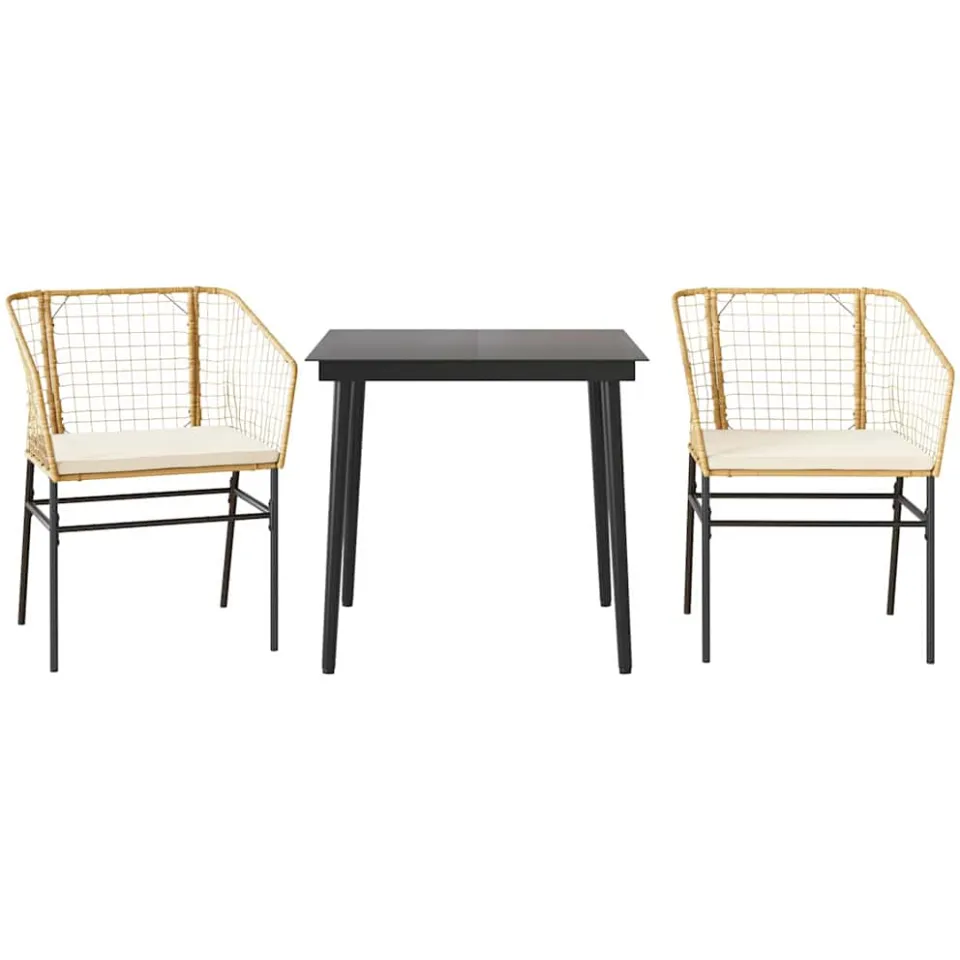 vidaXL 3-delige Tuinset met kussens poly rattan glas bruin