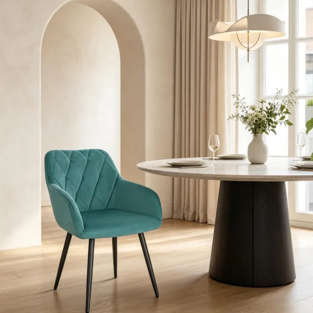 COVREO Eetkamerstoel 44 x 42,5 x 79 cm Teal Blue velvet met armleuningen en metalen onderstel