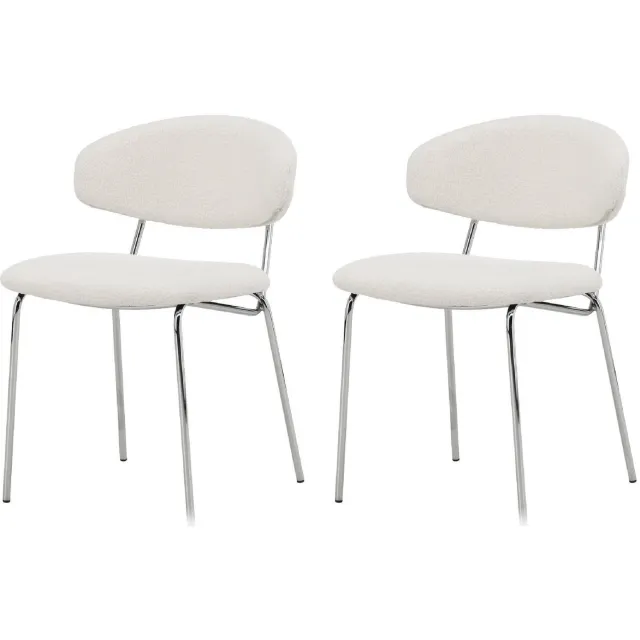 Set van 2 - Nest of Nora Eetkamerstoelen Menno bouclé keukenstoelen met chromen stalen poten - Wit