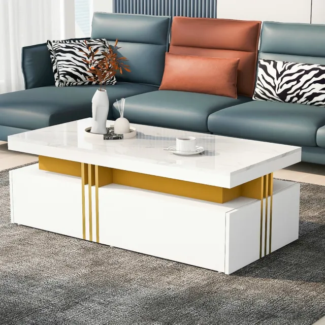 VVBV Salontafel met Hoogglans Marmerlook – 100x50x40 cm – Moderne Rechthoekige Tafel met 2 Houten Lades – Witte Bijzettafel met Gouden Rand Wit | Gold