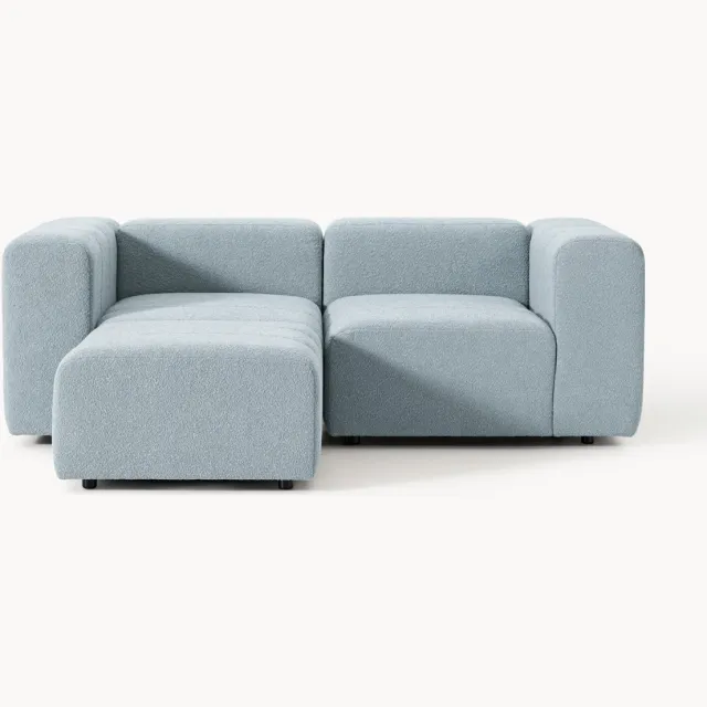 Westwing Collection Modulaire bouclé bank Lena (3-zits) met poef (links/rechts) Lichtblauw