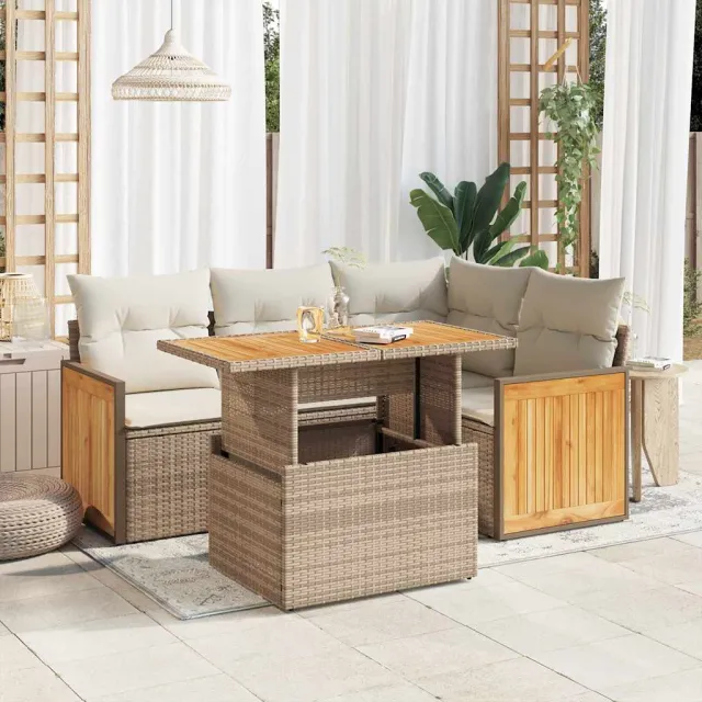 vidaXL 5-delige Loungeset met kussens poly rattan en acaciahout beige, foto 2
