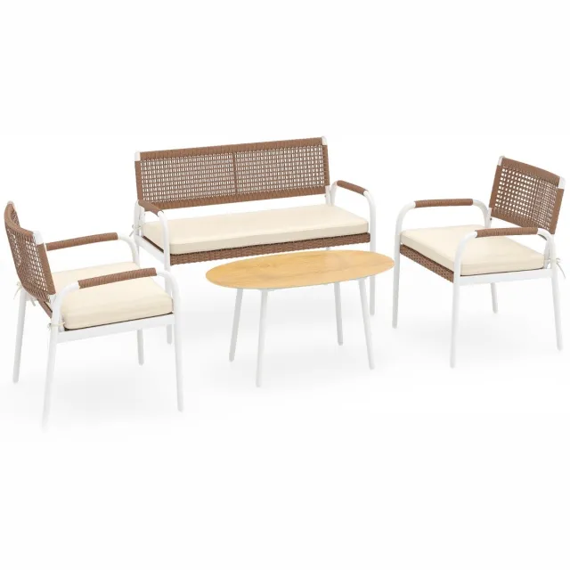 Suredeal Tuinset - Delige Tuinmeubelset Rotan - Fauteuils - Zachte Zitkussens Tafel - Veiligheidsglas - 112x58x82 cm - Beige