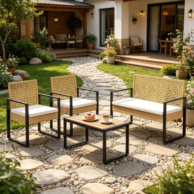 COVREO Loungeset 4-delig 112 x 79 x 59 cm Natural Wood, metalen frame met kussens Naturel hout