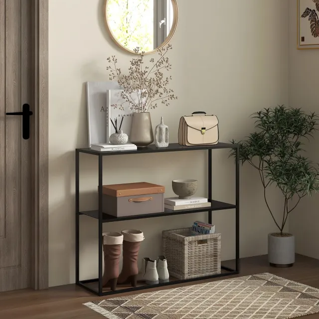 COVREO Sidetable 90x30x75 cm zwart, stalen frame met 2 open niveaus
